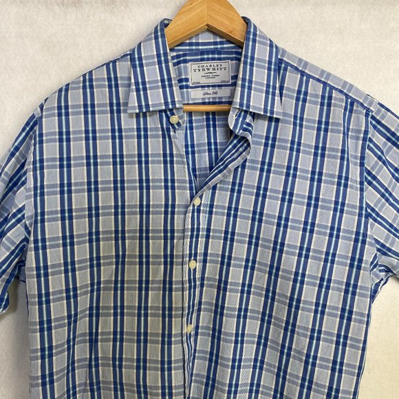Charles Tyrwhitt Men Slim Fit Shirt Button Down Long Sleeve White Blue Size 16.5 - Picture 1 of 10